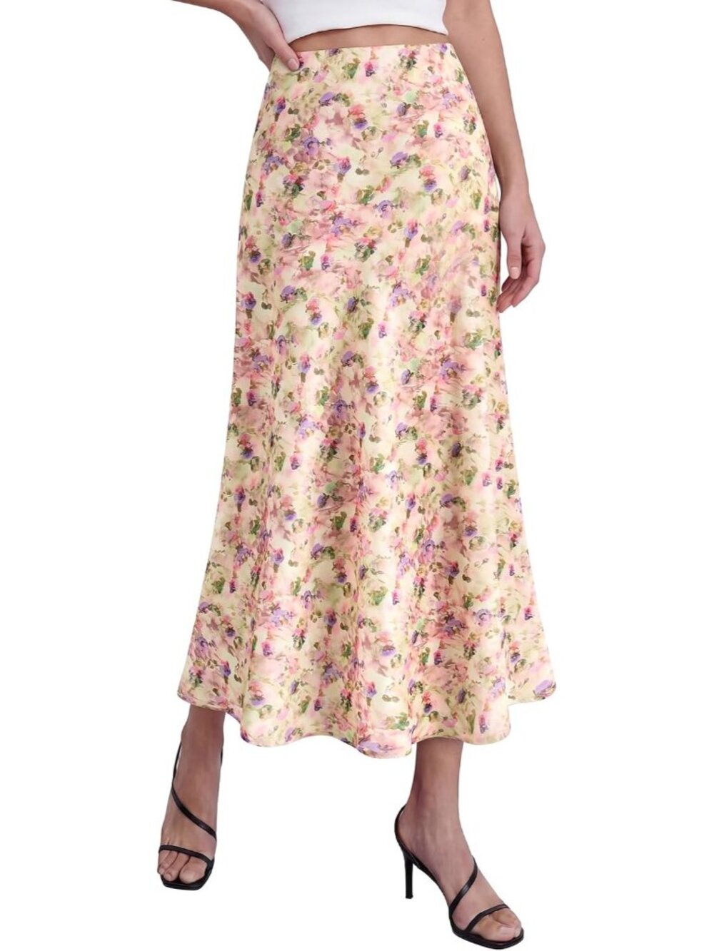 Women Floral Yellow Pink High Waisted A-Line Silky Flowy Bias Cut Midi Skirt